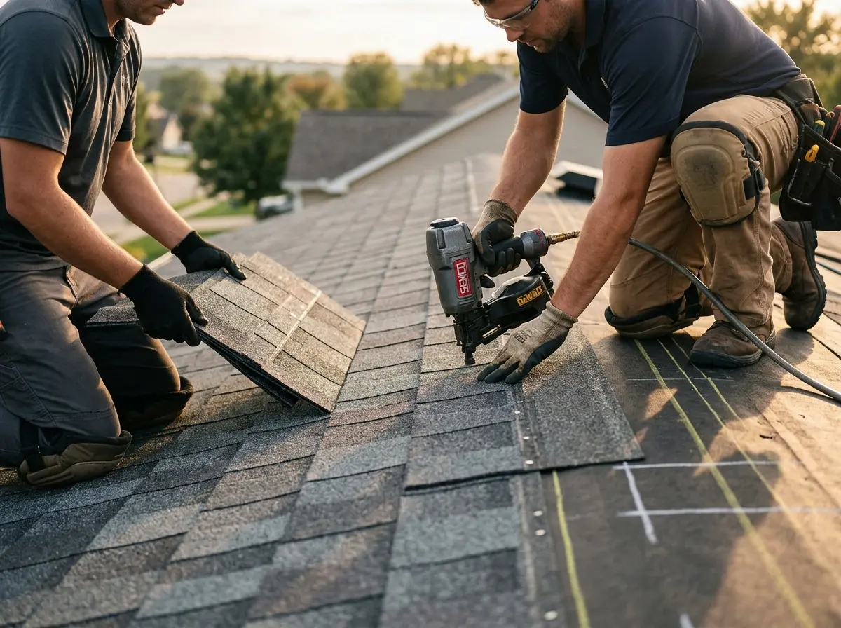 Professional roofer working on a residential roof in Lake Los Angeles